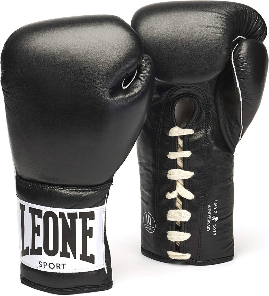 Guantoni da boxe LEONE 1947 professionali in vera pelle con sacca serie Anniversary neri - Kombatnet