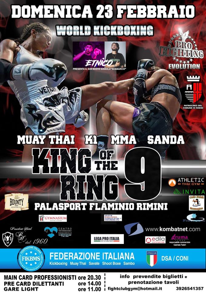 Locandina King of the Ring 9 - Domenica 23 febbraio Palasport Flaminio Rimini - Muay Thai K1 MMA Sanda - Kombatnet