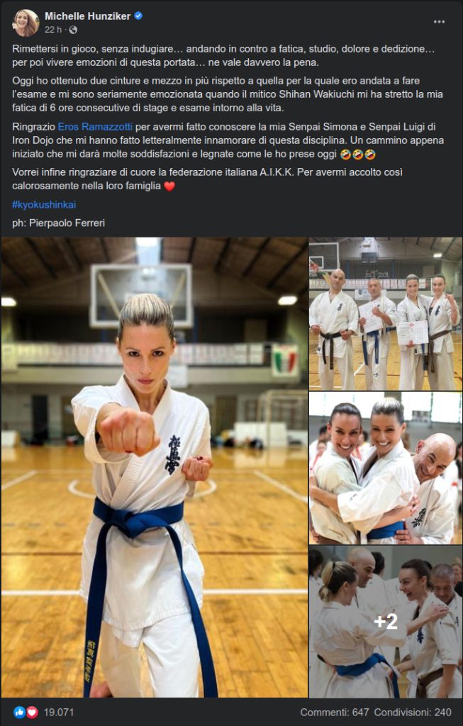 Michelle Hunziker riceve la cintura blu di Karate Kyokushinkai