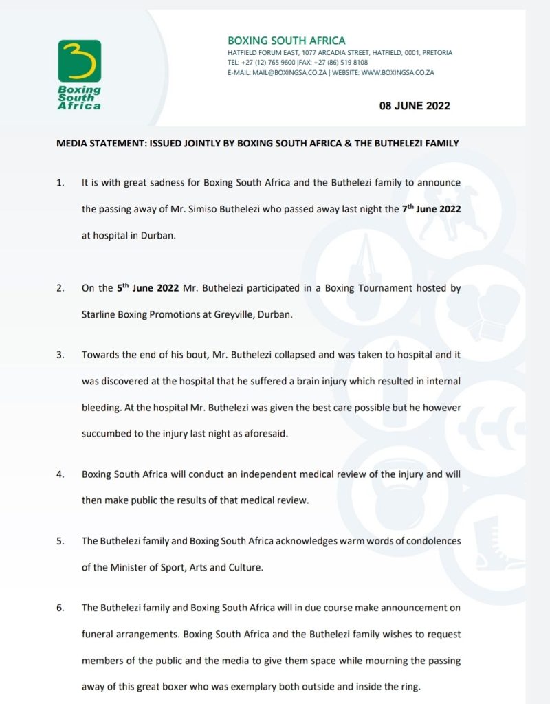 Boxing South Africa statement Siniso Buthelezi - Kombatnet