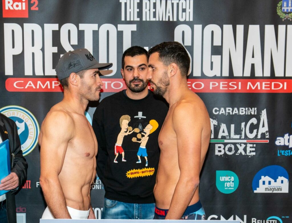 Face to face weigh in Matteo Signani Anderson Prestot boxe boxing pugilato - Kombatnet News