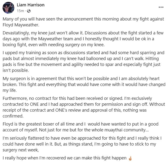 Il post di Liam Harrison che smentisce la possibilità di un match contro Floyd Mayweather Jr.