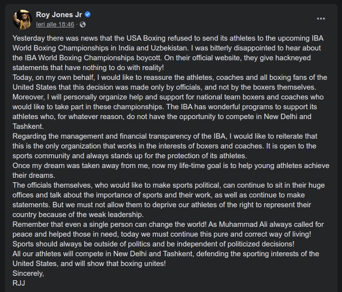 Il post di Roy Jones Jr. sui social contro la USA Boxing - Kombatnet