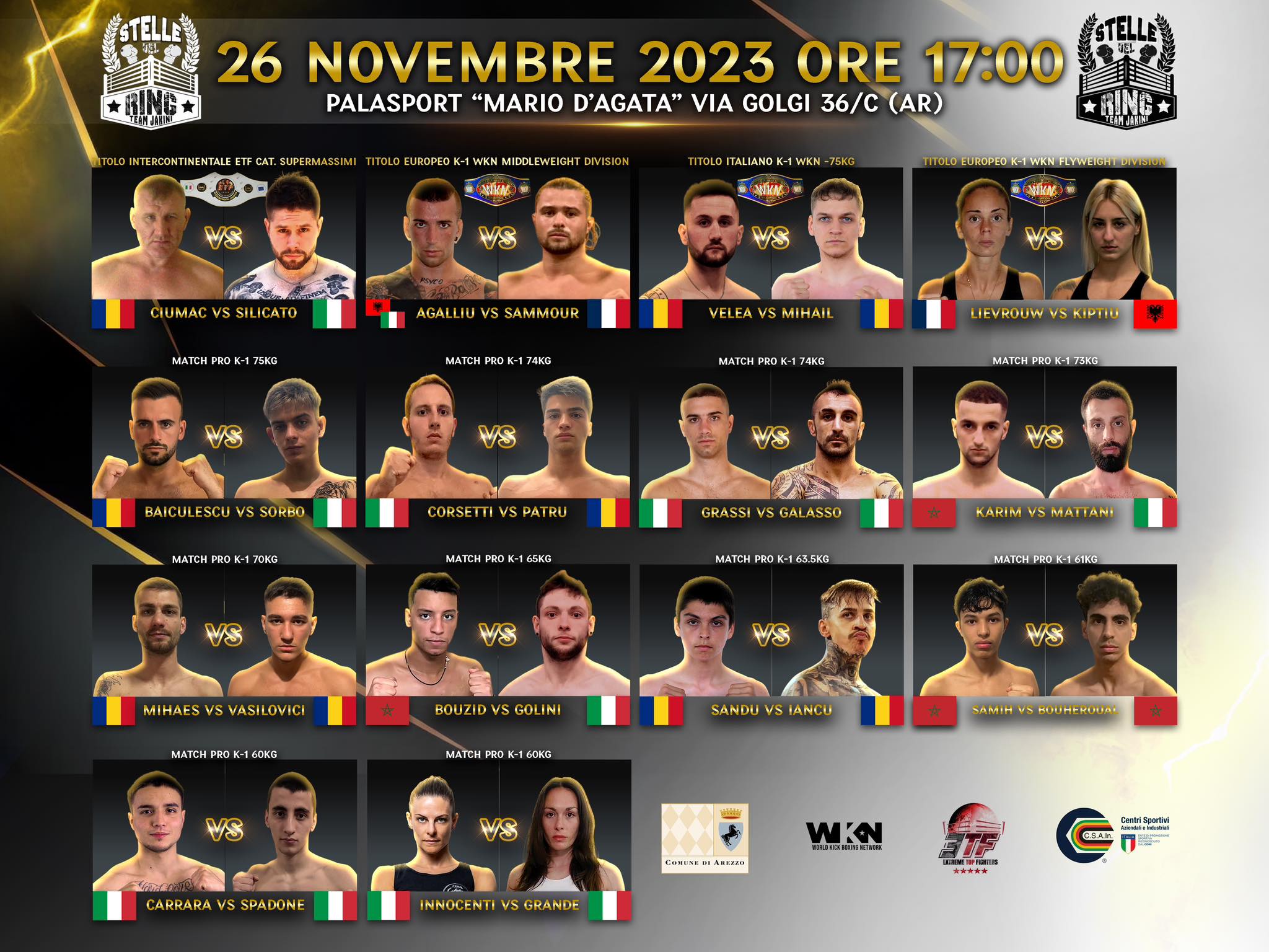 Il Team Jakini presenta "Le stelle del ring 26", evento di kickboxing ad Arezzo